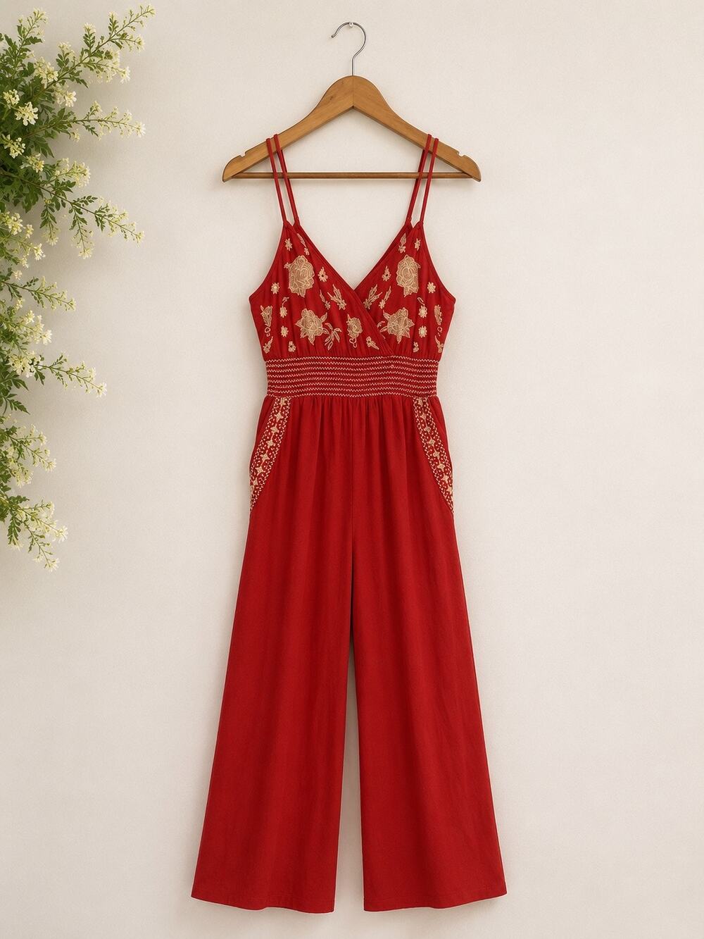 American Eagle Embroidered Jumpsuit Size M Rust Wide Leg Smocked Boho Romper